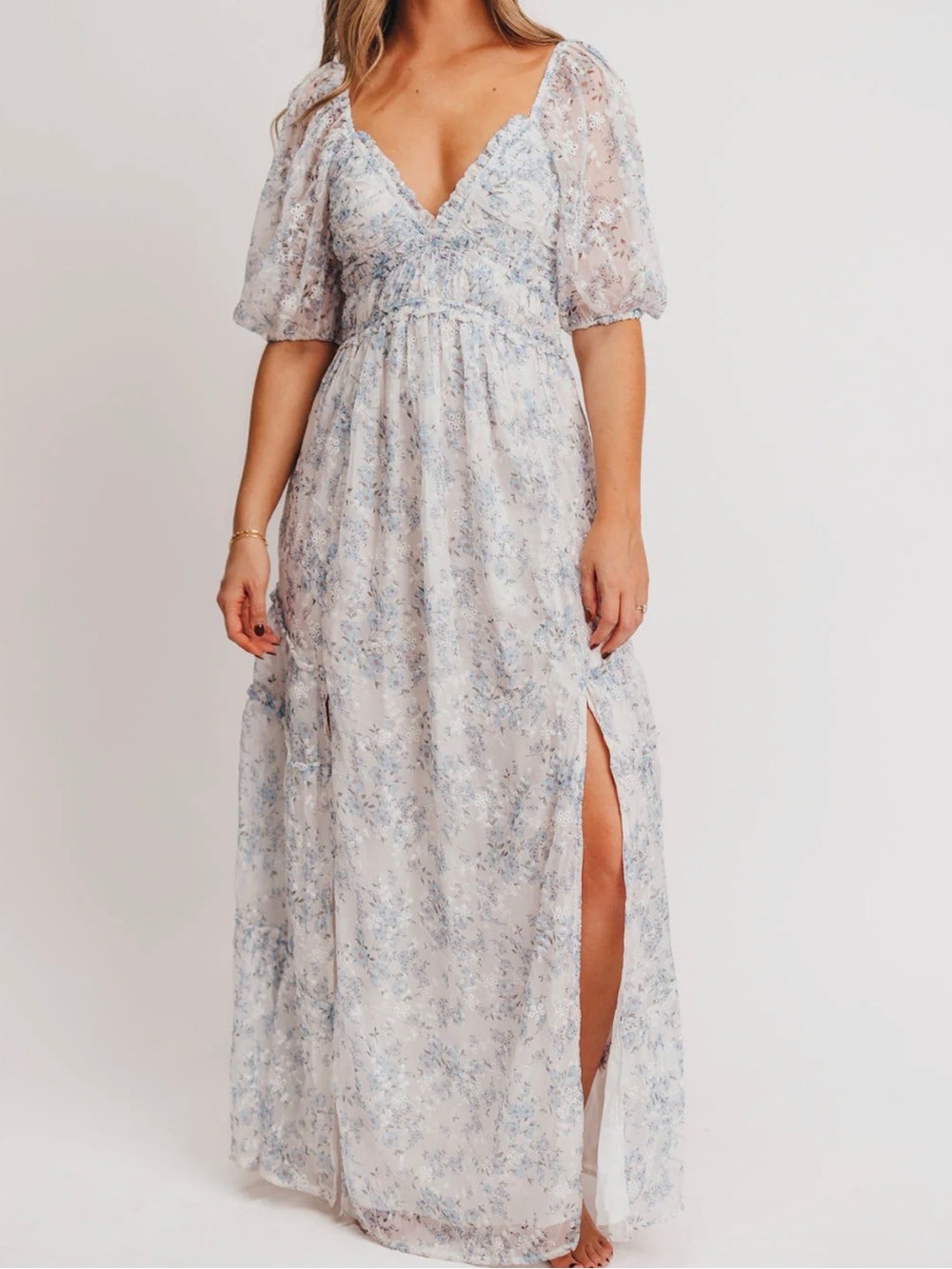 The Worth Collective Daphne High Slit Eyelet Detail Maxi Dress in Blue and White